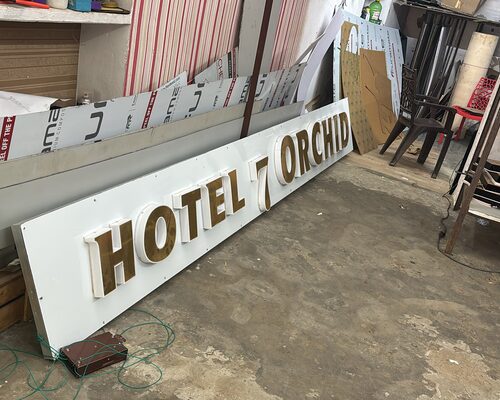 Finished illuminated 3D letter hotel sign checked in the ALFA Signage workshop before export packing
