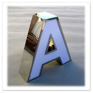 Mirror stainless steel 3D letter A with a lit acrylic face, made by ALFA Signage